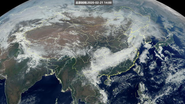 2月21日白天云图,东北降雪云系和长江沿线冷锋云系清晰可见.