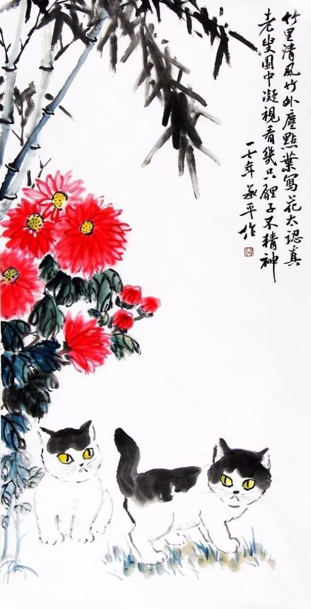 画中的猫儿萌呆萌呆的,你似乎能从画中读出画家的某些心思