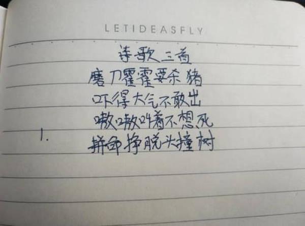 这首打油诗模仿的是古代《木兰辞》里面的"磨刀霍霍向猪羊",虽然是