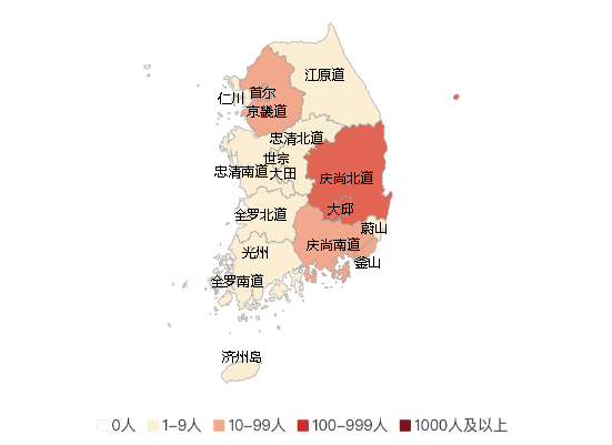 600多是在钻石公主号邮轮上,韩国的则是分散在全国各地,地图各部分都