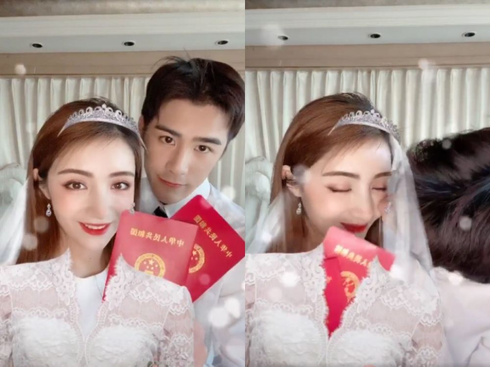 姜潮麦迪娜庆结婚纪念日,姜潮手持结婚证亲吻老婆,麦迪娜披婚纱好美