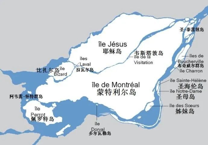 蒙特利尔地图,粉色为英语区,其他为法语区 语言区分界线基本与横贯