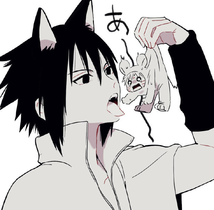 佐助则戴着猫耳朵,一手揪着鸣人的衣服,还摆出要吃掉鸣人的pose,鸣人