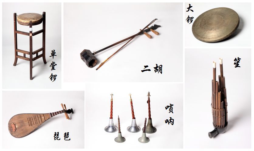 主要由管乐器,弦乐器,打击乐器三部分组成,主乐器是笛,还有笙,箫,三弦