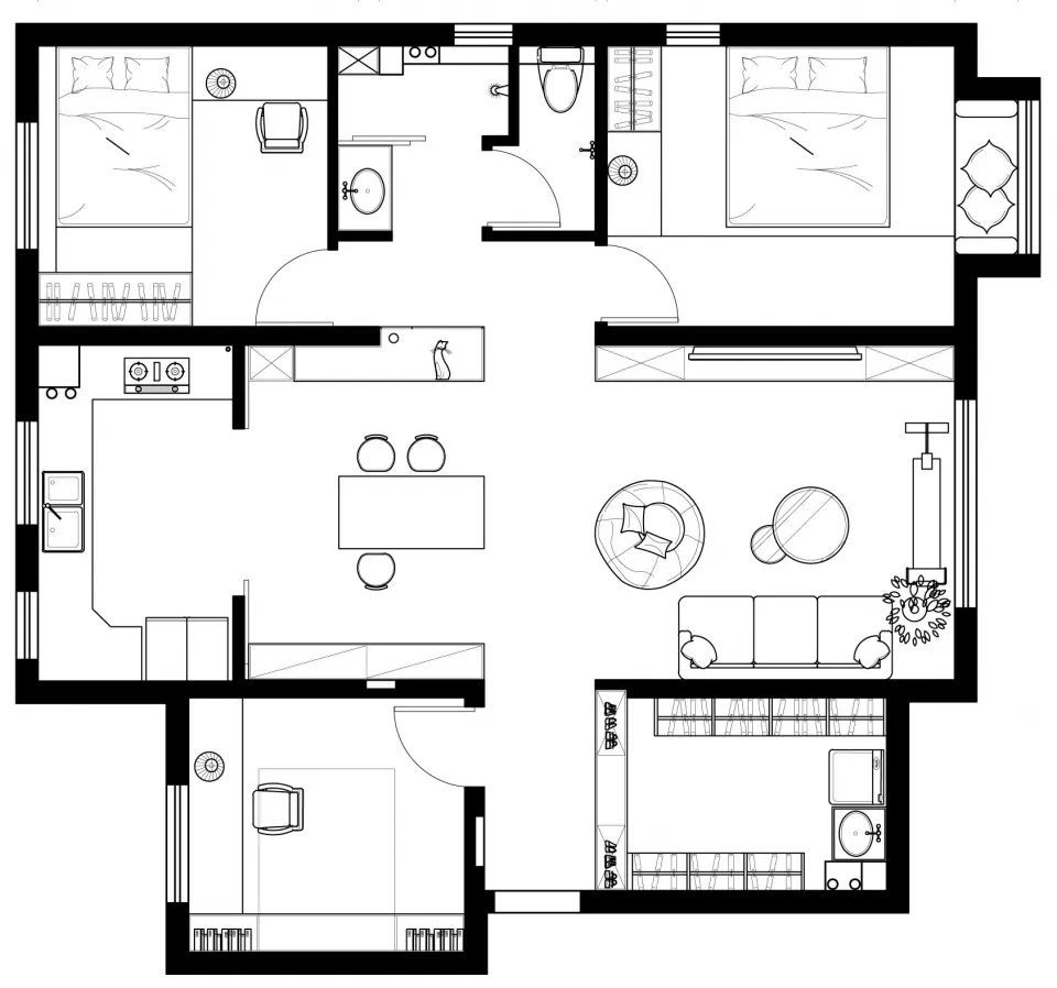 此户型没有独立玄关空间,我将入户处右侧的墙体打掉,取而代之的是一组