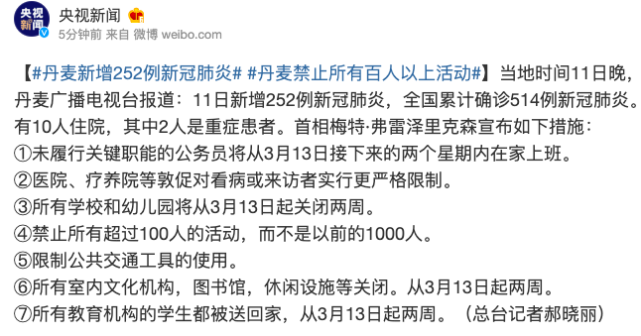 丹麦新增252例新冠肺炎病例 累计确诊514例
