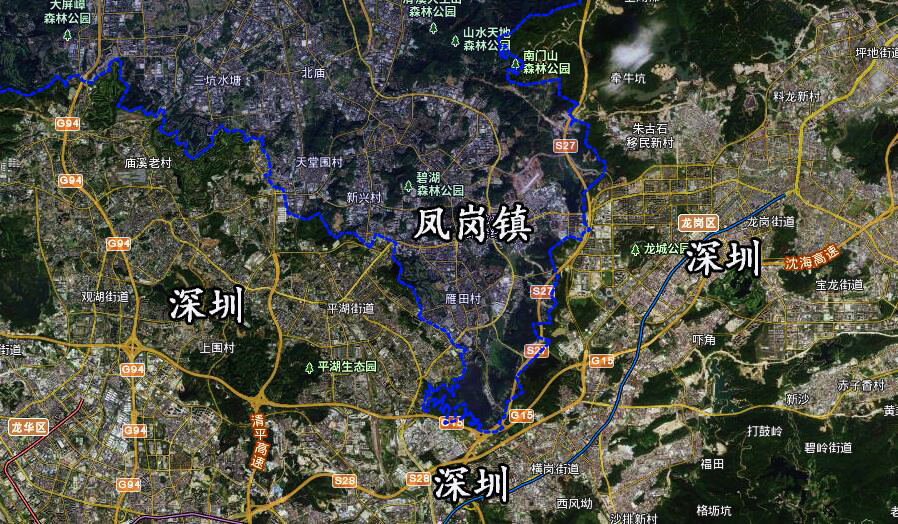 卫星上看广东东莞凤岗镇三面被深圳包围区位得天独厚