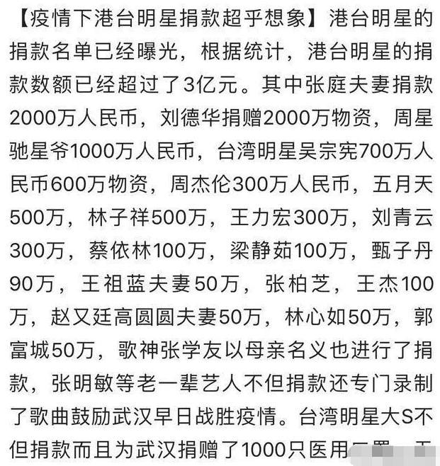 疫情下港台明星捐款金额超3亿网友吐槽内地明星捐款像随份子