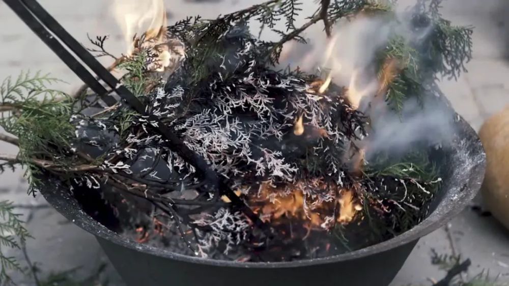 第一步:采摘一筐柏树枝叶,晾晒几日后,生火烧成柏枝灰,过筛,留细灰