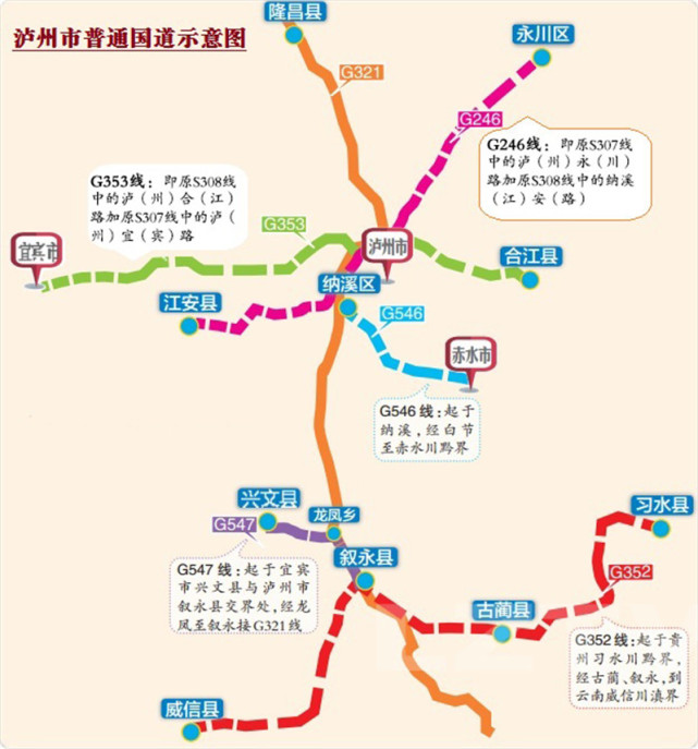 泸州境内原本国道仅有g321线一条,省道则有s207线资(中)泸(州)路,s307