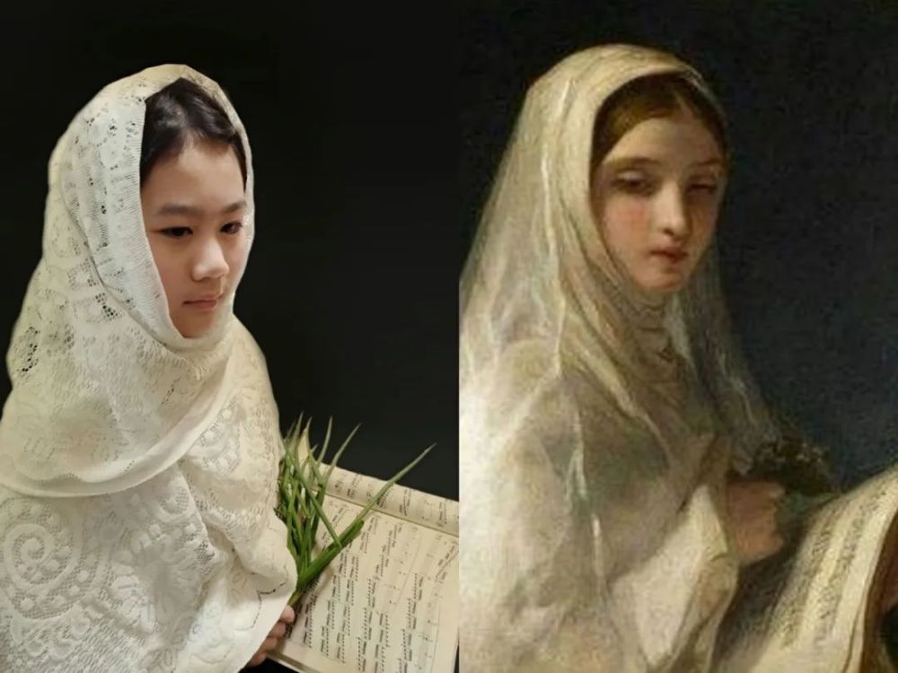 45度角向下凝望的侧脸再捧上一本五线谱用小葱替代的小花白色头巾加上
