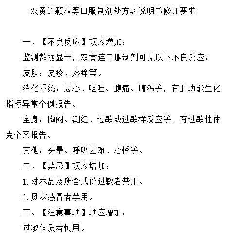 神药双黄连口服液等修改说明书可导致过敏性休克