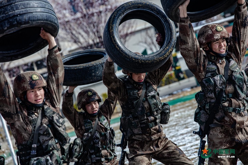 官兵正在进行匍匐拳训练.高原官兵们正在进行举弹药箱训练.