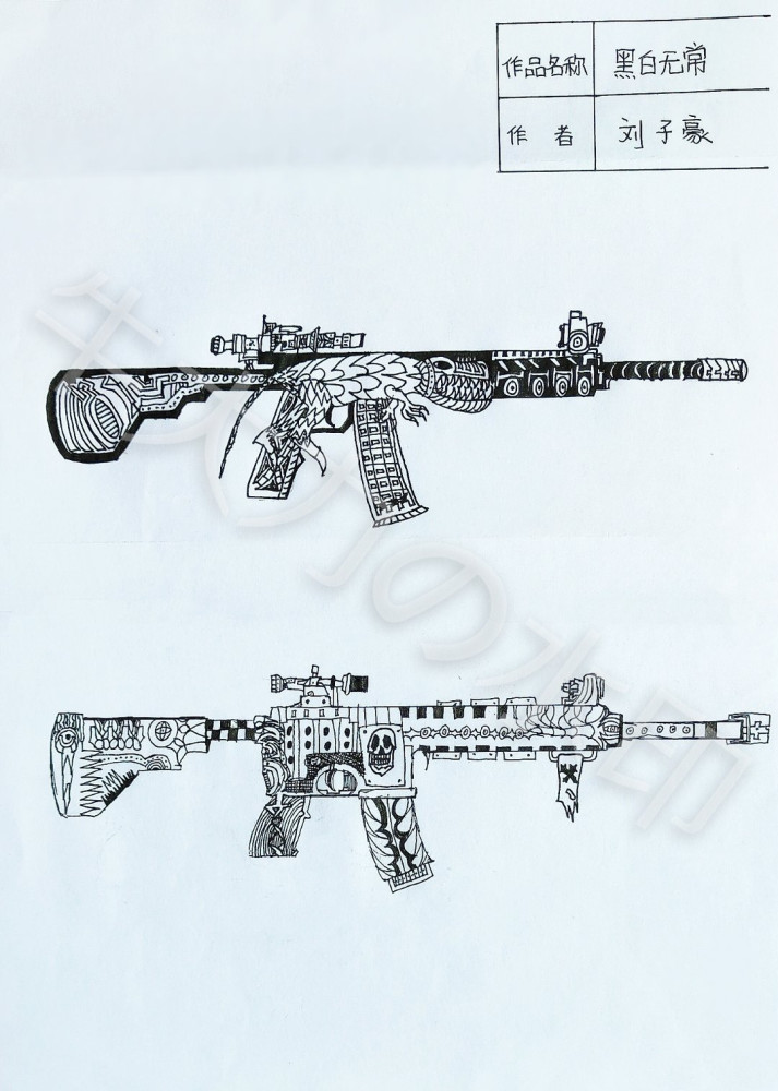 吃鸡3年级小学生手绘了一套m416皮肤名字叫黑白无常