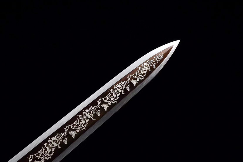 花蝶汉剑,高锰钢锻造烤金蚀刻花纹,花梨木剑鞘