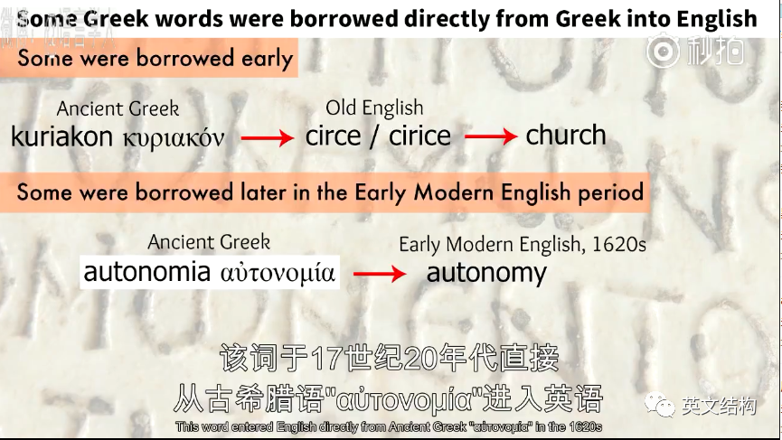 例如:church(教堂,古英语时代进入英语)有些单词是直接从希腊语借入