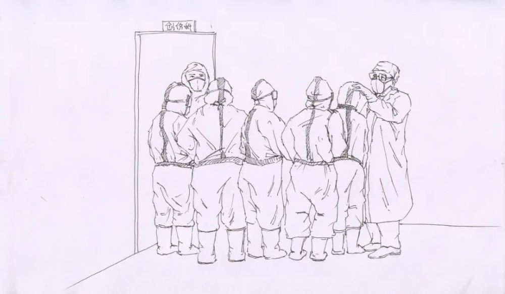 火箭军某部官兵用速写画笔,记录医护人员一线战疫