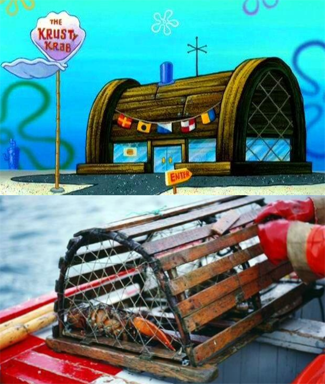 无独有偶,除了菠萝屋之外,蟹老板开的蟹堡王原来就是捕蟹笼,蟹老板,捕