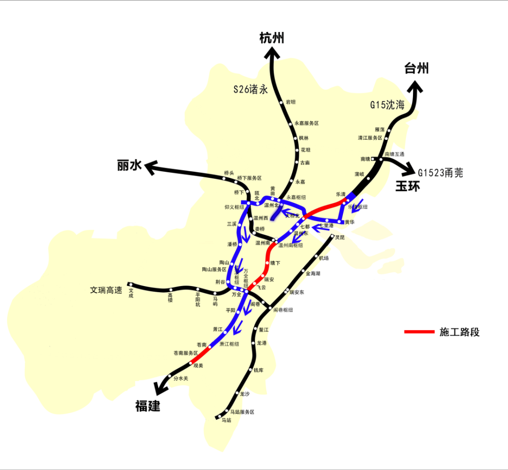 台州,樂清往福建方向車輛可從樂清樞紐g1523甬莞高速s10溫州繞城高速