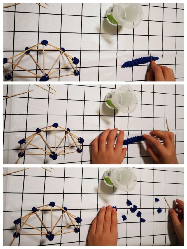 把牙签作为棱或边,彩泥团作为顶点,搭在一起,先从简单的图形开始,比如