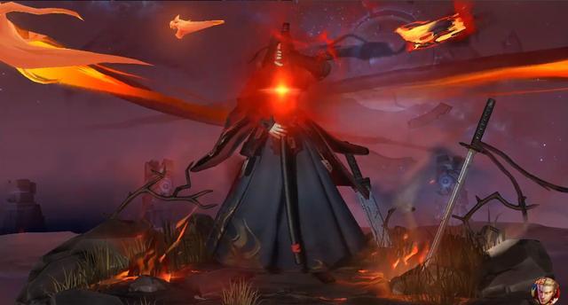 首先橘右京修罗皮肤的特点如海报一致,都是闭着眼睛展现自己的剑技的.