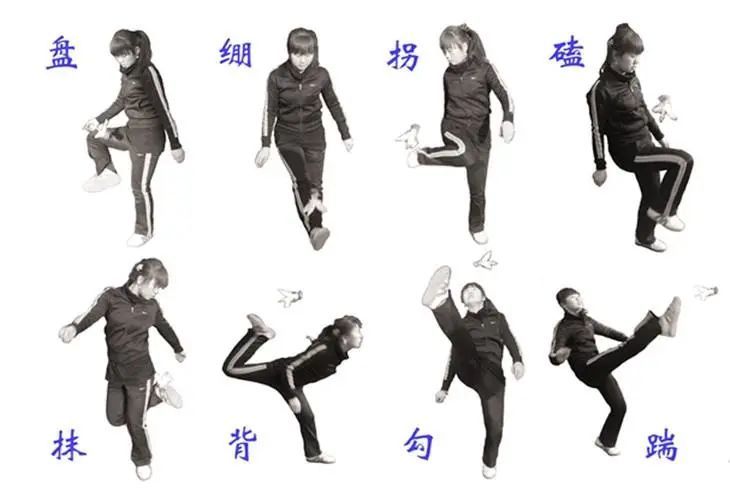 动作要领:磕踢,即用两腿膝盖部分互换踢毽球.