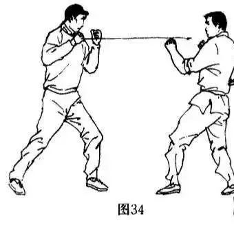 【动作要领】在卸骨术技击实战中(图34),当对手用右手抓住我胸襟欲施