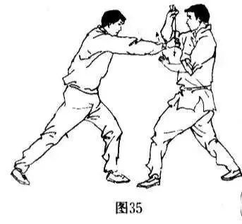 【动作要领】在卸骨术技击实战中(图34),当对手用右手抓住我胸襟欲施