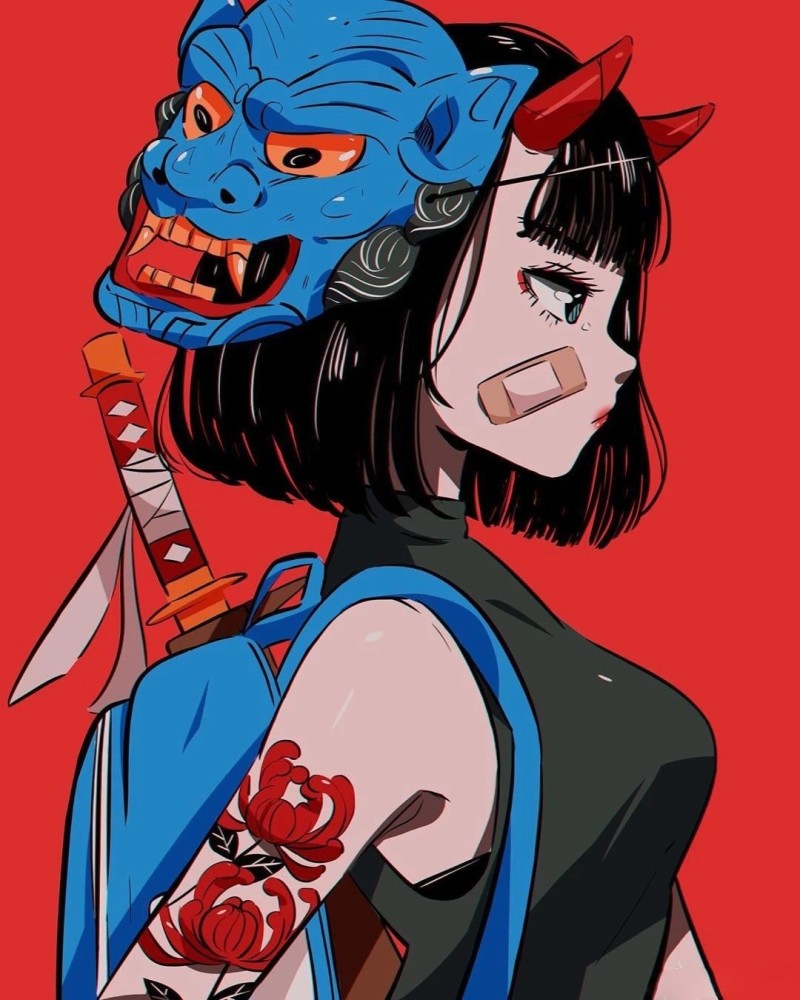 少女人物插画作品有着赛博朋克风格画面的配色也好大胆