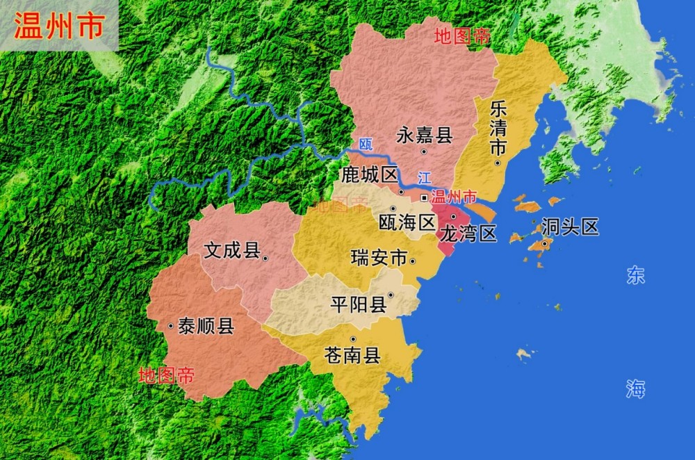图-温州市地形政区图温州以西是浙江陆地面积最大的丽水市.