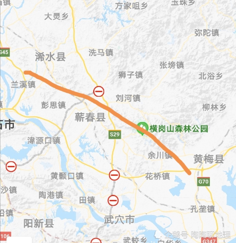 黃岡市至蘄春縣或黃梅縣方向,需要繞行多段高速,黃岡至蘄春縣的直線