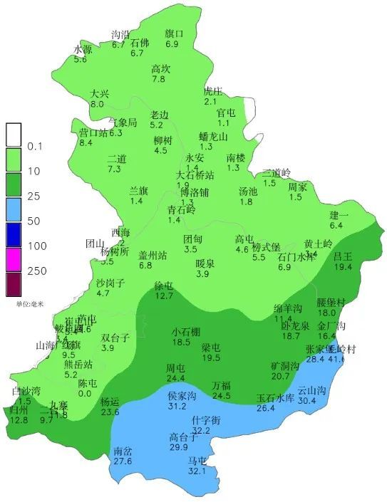 4毫米,盖州6.8毫米,大石桥1.9毫米,开发区(熊岳)5.