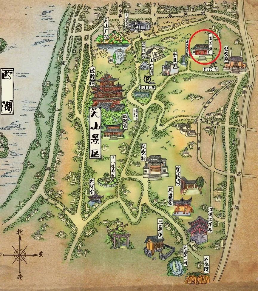 具体可以看看这个吴山景区地图,红圈处为古楸树观赏处——东岳庙.