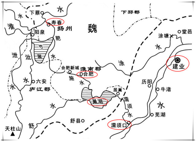 转移到便于航运的中原淮河寿春施水合肥肥水巢湖濡须水长江入口一线