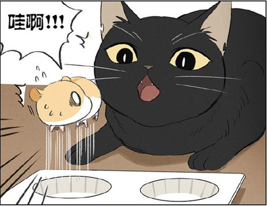 爆笑漫画:黑猫在餐桌上偷吃蛋挞,正巧可爱的仓鼠躲在蛋挞盒子里