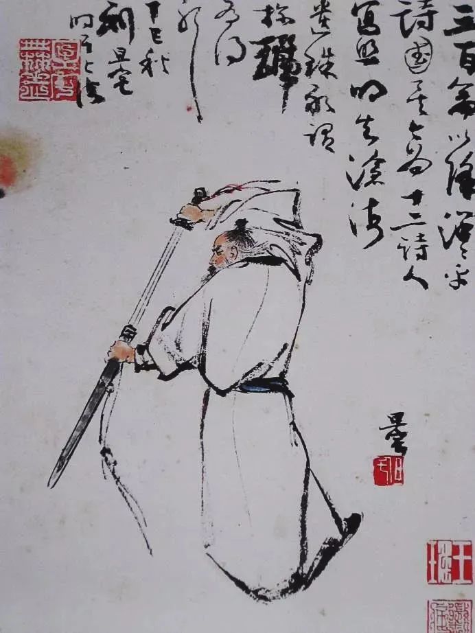 第十一幅则是辛弃疾.他鬓间黑白相参,但仍在舞剑,豪气十足.