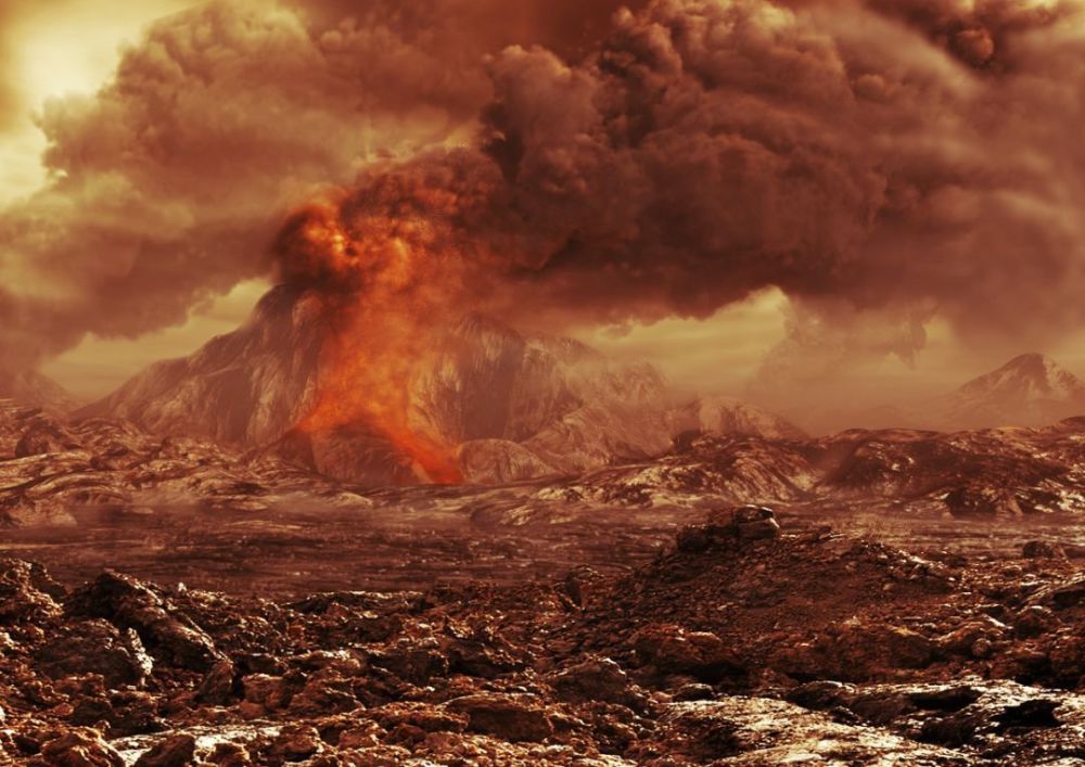板块运动引发火山大喷发，导致温室效应增加，最终地球下起了大暴雨