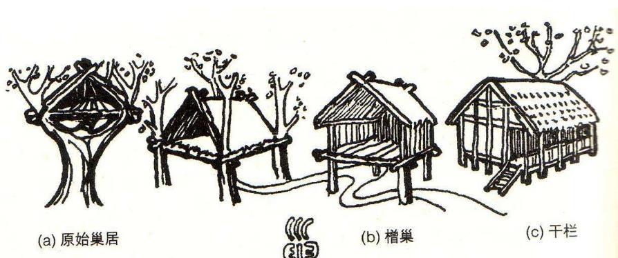 巢居,顾名思义,类似于鸟的筑巢方式,将房子搭建在树木之上(后来渐渐