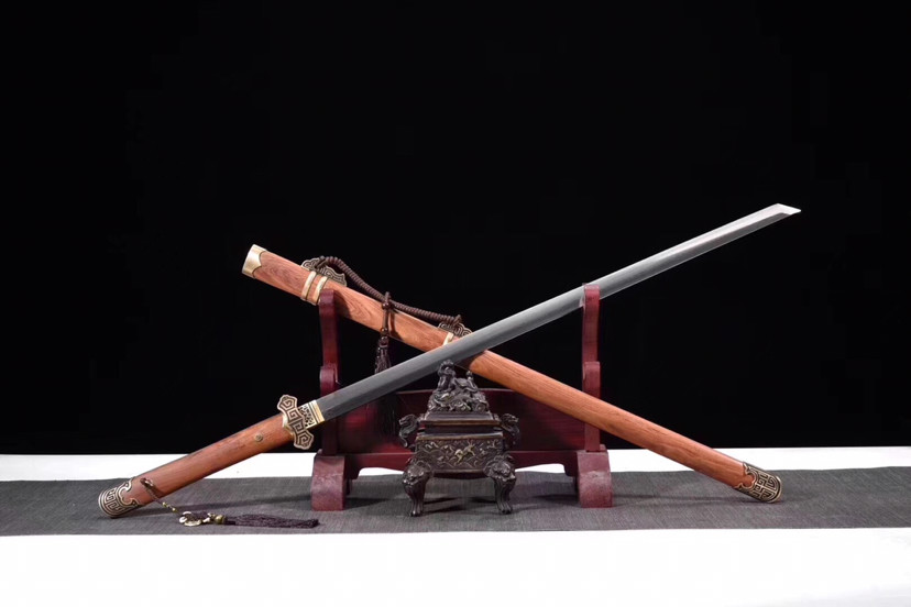 唐横刀-断魂,手工一体锻造百炼花纹钢大v刃研磨,铜装酸枝木鞘