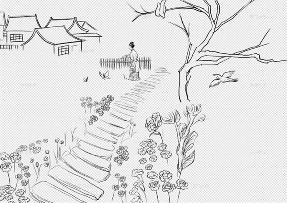 配图线稿打印《诗境浅说续编》:二诗在江畔行吟,不问花之有主,无主,逢