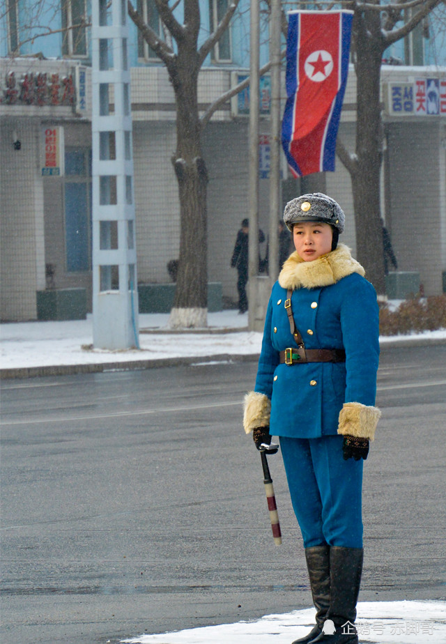 一名正在上班的女交警,穿着一件蓝色的制服 (来自:赤脚哥)