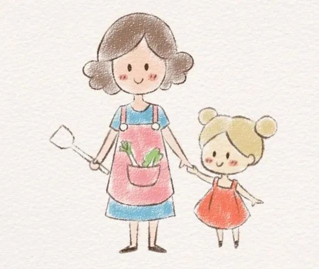 每天学一幅简笔画-带着孩子的围裙妈妈简笔画