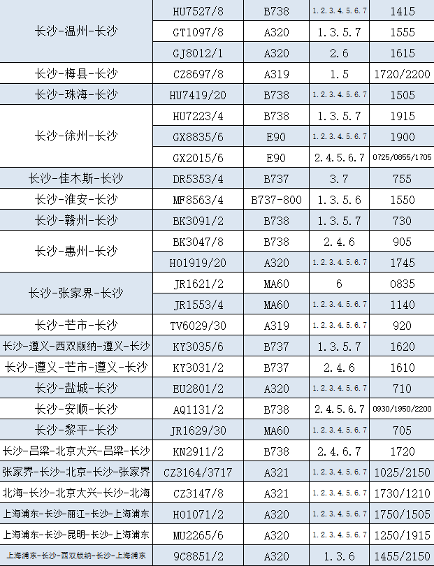 长沙飞机时刻表图片