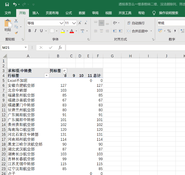 透視表怎麼一維表格轉二維沒法刪除列篩選不等於0