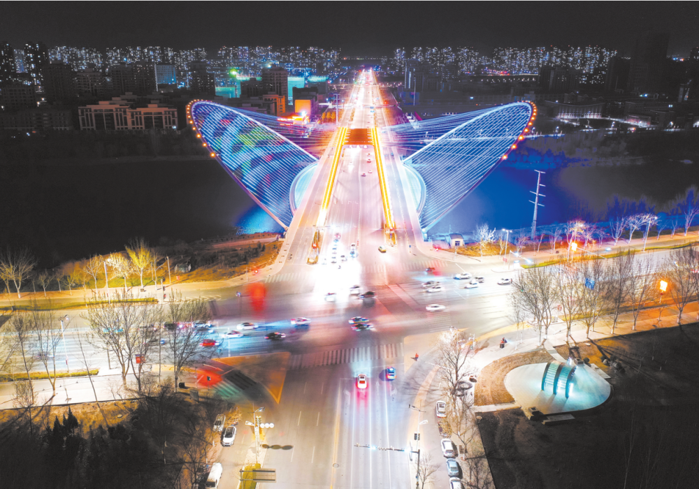 流光溢彩的凤凰桥与灯光璀璨的住宅楼构成了美丽的夜景.