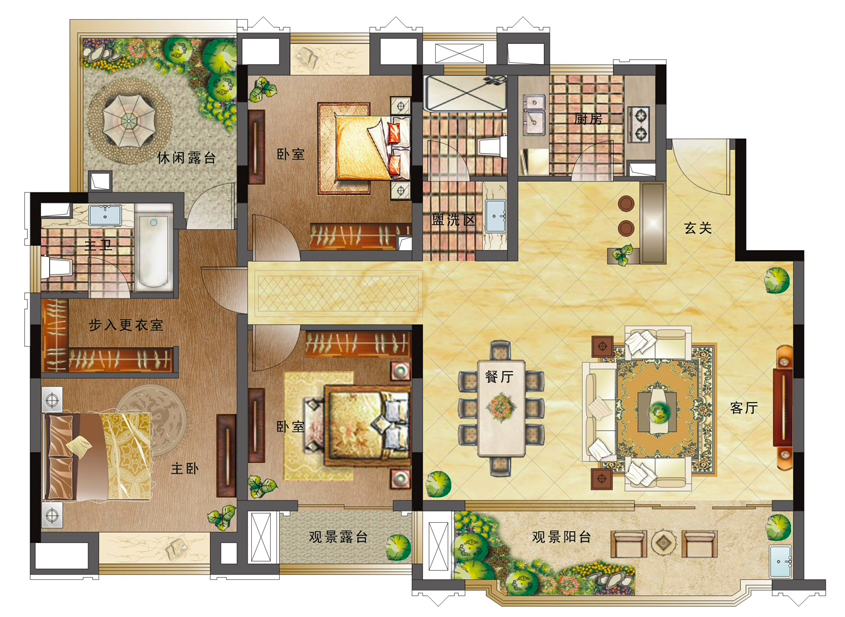 国博城退台洋房四楼户型图(约120平三房两厅两卫)北侧卧室有了飘窗