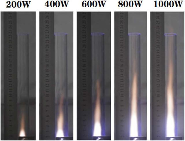 不同功率下的等离子射流