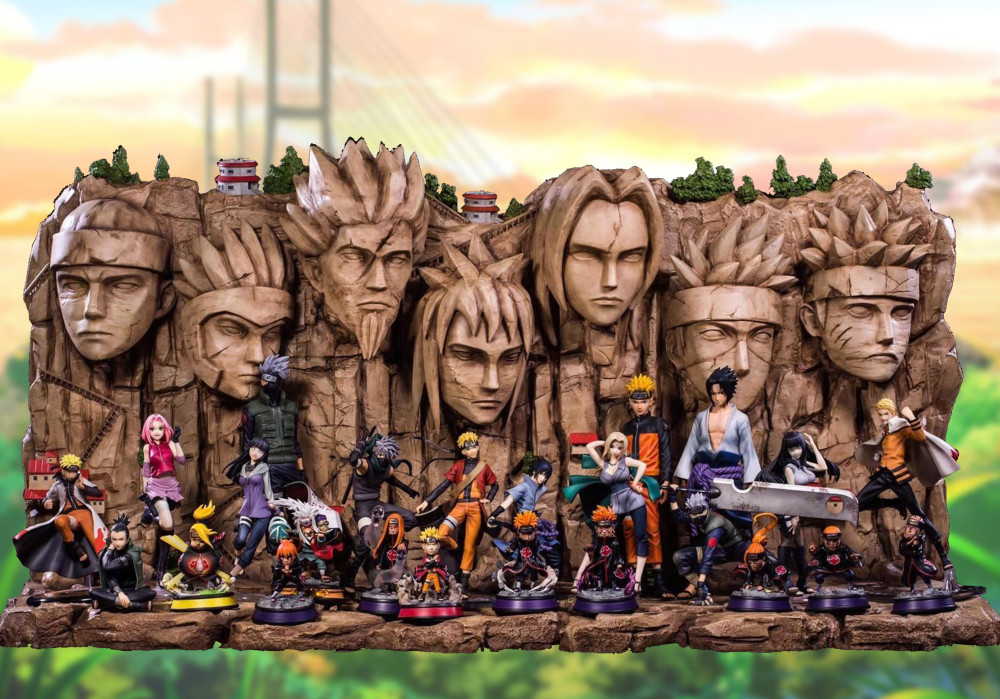 火影岩的手办,岩石前放着24位忍者摆造型,感觉在炫耀手办