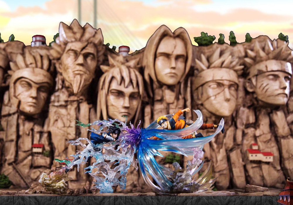 火影岩的手办,岩石前放着24位忍者摆造型,感觉在炫耀手办