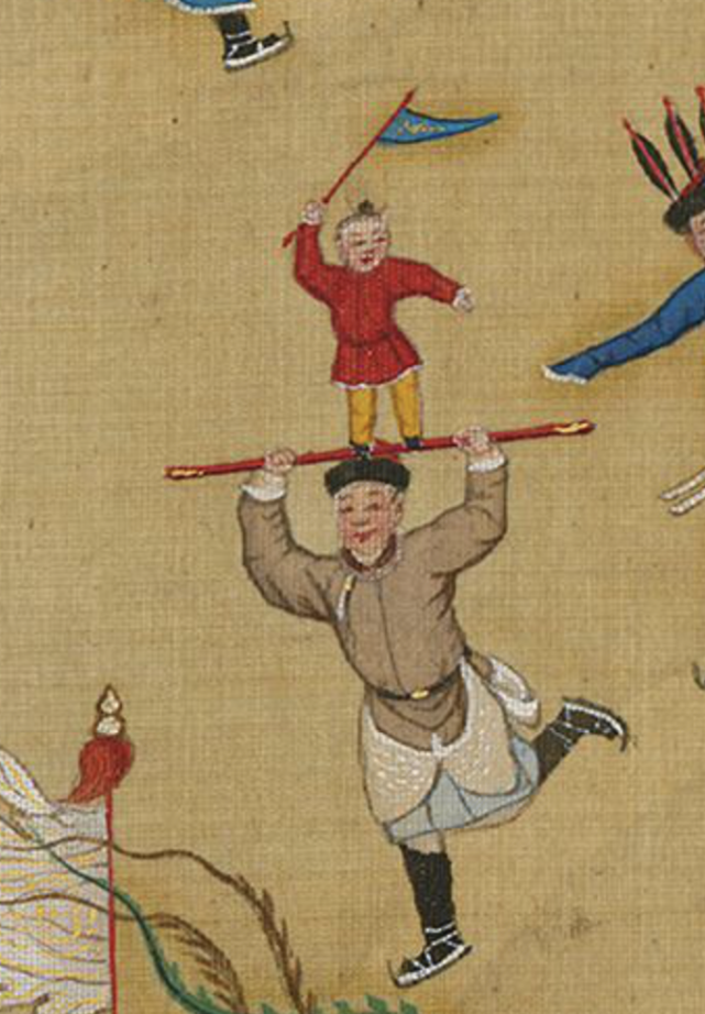 叠罗汉……技艺非凡飞叉,耍刀,弄幡,还有一类叫杂技滑冰哪吒探海,先猴